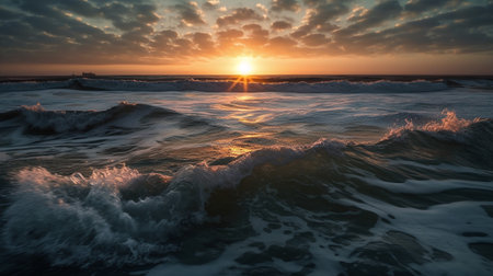 Beautiful sunset over the sea with waves and splashes. nature backgroundの写真素材