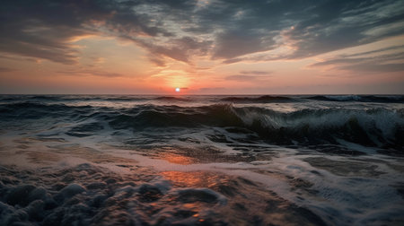 Sunset on the Baltic Sea with waves and foam, Poland.の写真素材
