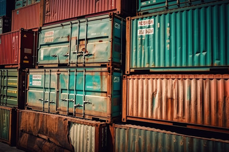 Cargo containers stacked at the port of Rotterdam, Netherlandsの写真素材