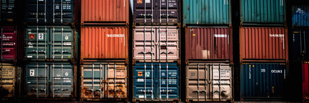Containers of various sizes and colors are stacked in a large container terminalの写真素材