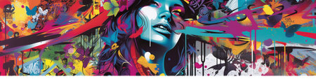 Beautiful girl with bright make-up and colorful abstract background. Vector illustration.の写真素材