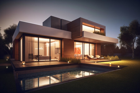 3d rendering of modern cozy house with pool and parking for sale or rent in luxurious style and beautiful landscaping on background. Clear summer night with cozy light from window.の写真素材
