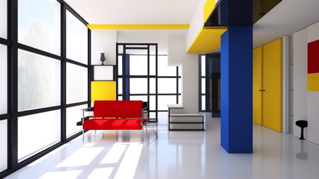Interior of modern living room with red sofa and yellow armchairの写真素材