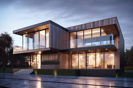 3d rendering of modern cozy house with pool and parking for sale or rent with wood plank facade. Clear summer night with golden light from window.の写真素材
