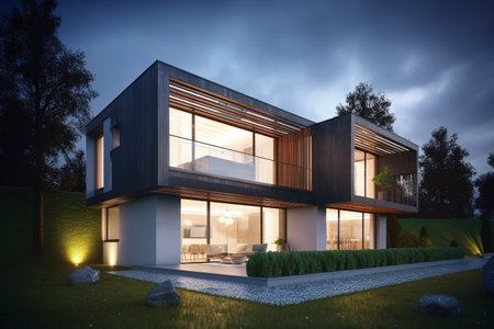 3d rendering of modern cozy house with pool and parking for sale or rent in luxurious style. Sunset.の写真素材