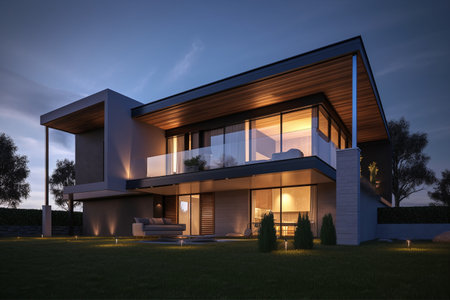 3d rendering of modern cozy house by the river with garage for sale or rent. Clear summer night with blue sky.の写真素材