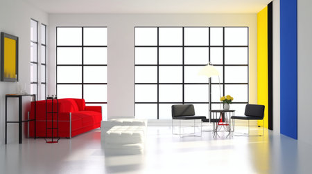 Interior of modern living room with red sofa and armchairs - renderingの写真素材