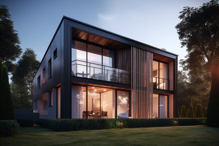 3d rendering of modern cozy house with parking and pool for sale or rent with beautiful landscaping on background. Clear summer night with cozy light from window.の写真素材