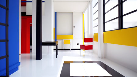 Interior of modern office with white walls, concrete floor and red and yellow chairsの写真素材