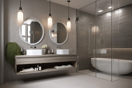 3d render of modern bathroom interior with bathtub and mirror.の写真素材