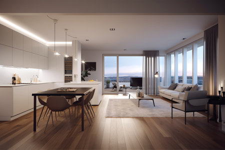 Luxury living room interior with white walls, a wooden floor, a white sofa and a dining table. 3d rendering mock-upの写真素材