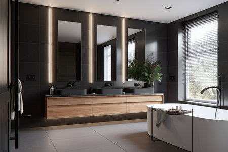 Interior of modern bathroom with black walls, tiled floor, comfortable bathtub and double sink. 3d renderingの写真素材