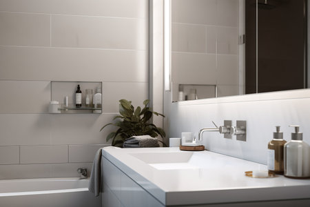 Interior of a modern bathroom with white bathtub and mirror.の写真素材