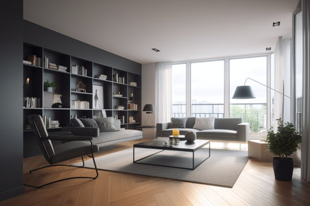 Interior of modern living room with gray walls, wooden floor, gray sofa and bookcase. 3d renderingの写真素材