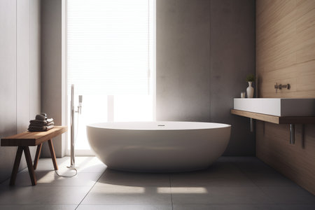 Interior of modern bathroom with white and wooden walls, tiled floor, comfortable white bathtub standing near round sink and round mirror. 3d renderingの写真素材