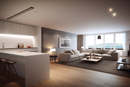 3d Illustration of white modern living room with a beautiful viewの写真素材