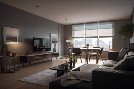 Interior of modern living room with gray walls and wooden floor. 3d renderingの写真素材