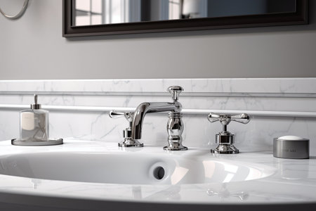 Close up of modern bathroom faucet and sink in modern bathroomの写真素材