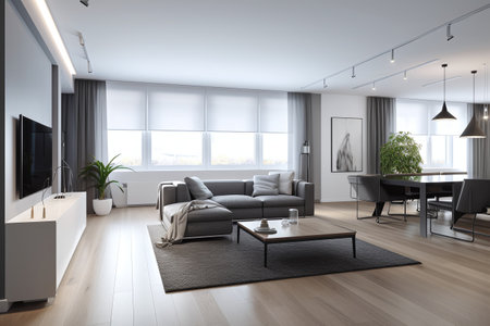 Interior of modern living room with white walls, wooden floor, comfortable gray sofa and coffee table. 3d renderingの写真素材