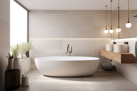 Interior of modern bathroom with white walls, tiled floor, comfortable white bathtub and round mirror. 3d renderingの写真素材