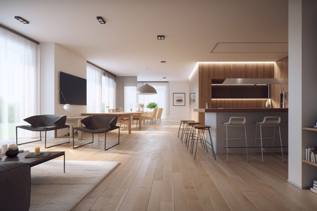 3d rendering of modern kitchen and dining room in loft style.の写真素材