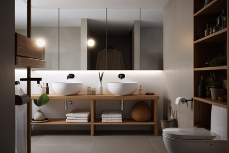 Interior of modern bathroom with white walls, tiled floor, comfortable white bathtub and round mirror. 3d renderingの写真素材