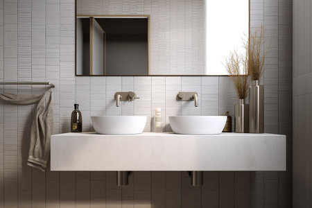 Bathroom interior with white tile walls, concrete floor, white sink and two mirrors above it. 3d renderingの写真素材