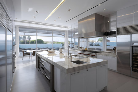 interior of new luxury house, kitchen and dining room with viewの写真素材