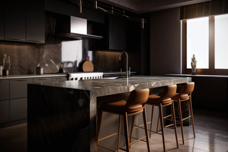 3d render of modern kitchen interior design with black and brown marbleの写真素材