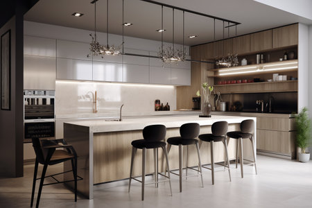 3d render of modern kitchen with white walls, wooden floor and beige countertopsの写真素材