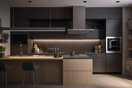 Interior of modern kitchen with black and wooden walls, tiled floor, gray countertops and wooden cupboards. 3d renderingの写真素材