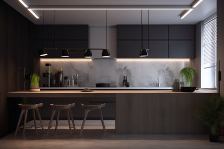 3d rendering black modern kitchen in a loft with marble walls and floorの写真素材