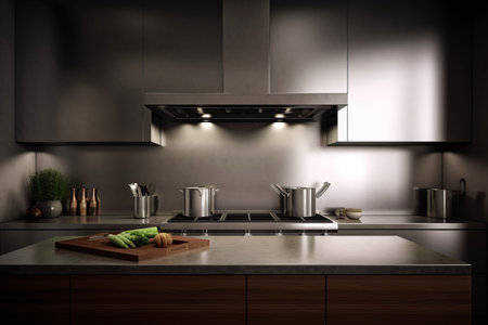 3d render of modern kitchen in a loft with dark gray wallsの写真素材