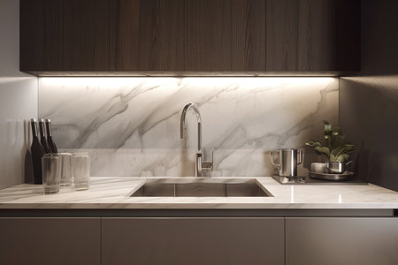 Modern white kitchen interior with marble countertop and sink. 3d renderingの写真素材