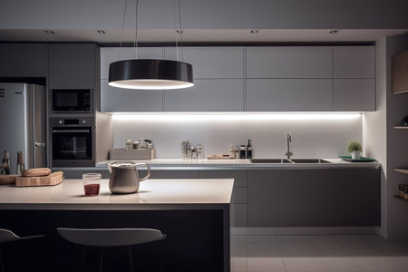 3d render of a modern kitchen in a loft with white wallsの写真素材