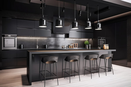 3d rendering black modern kitchen with wooden floor, black countertops and bar with stoolsの写真素材