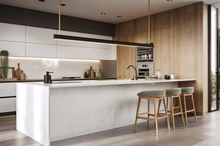 Corner of modern kitchen with white and wooden walls, wooden floor, white countertops and bar with stools. 3d renderingの写真素材