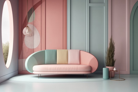 Pink sofa in modern living room with pink walls and floor, 3d renderの写真素材