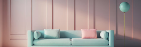 Modern living room with blue sofa and pink wall. 3d renderingの写真素材