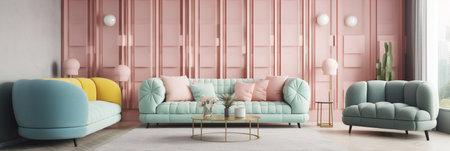 Living room with sofa, coffee table and pink wall. 3d renderingの写真素材