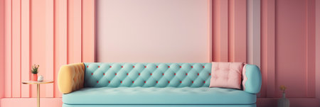 Minimalist living room interior with blue sofa and pink wall. 3d renderingの写真素材