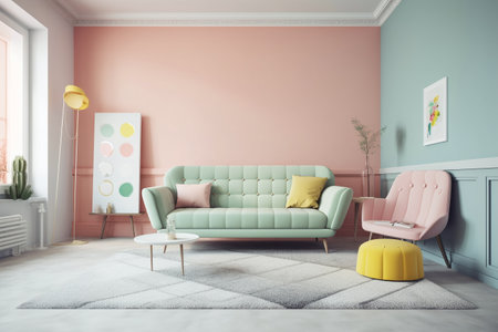 Living room interior with pink walls, carpet and sofa. 3d renderingの写真素材