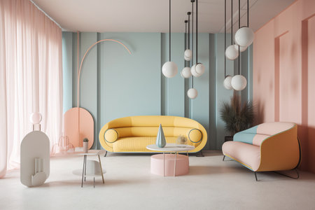 Interior of living room with pink and blue walls, concrete floor, comfortable yellow sofa standing near round coffee table and coffee table. 3d renderingの写真素材