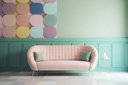 Interior of a living room with a pink sofa, a coffee table and colorful wall. 3d renderingの写真素材