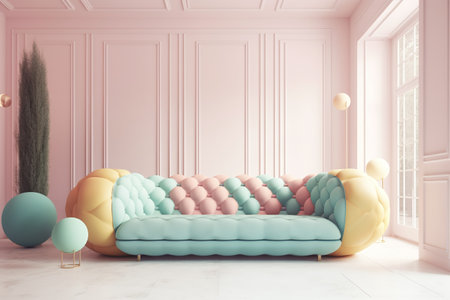 Modern interior with sofa and pink wall. 3d render illustration mock upの写真素材