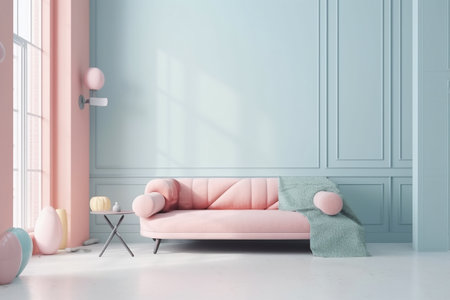 interior of living room with pink sofa and blue wall, 3d renderの写真素材
