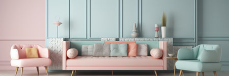 interior of living room with pink sofa and blue wall, 3d renderの写真素材