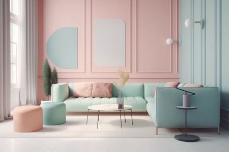 Interior of living room with pink walls, white floor, blue sofa and armchairs near round coffee table. Vertical mock up poster frame. 3d renderingの写真素材