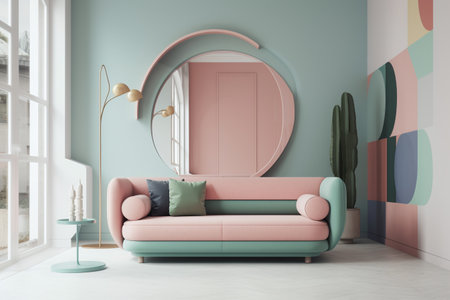 Interior of living room with pink sofa and round mirror. 3d renderingの写真素材