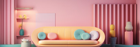 Interior of living room with yellow sofa and pink wall. 3d renderingの写真素材